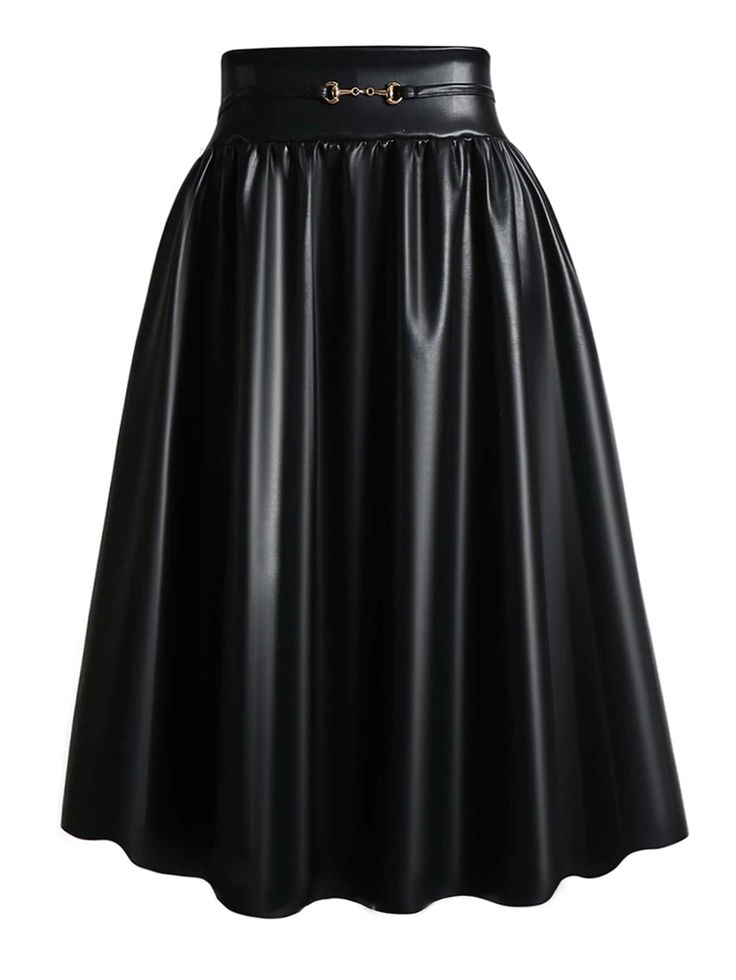 Faux Leather Flared Midi Skirt — Black